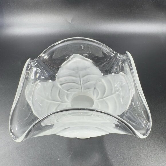 Viking Art Glass Epic Leaf Compote in Crystal Satin Frosted Clear Dish Bowl VTG - Picture 10 of 13